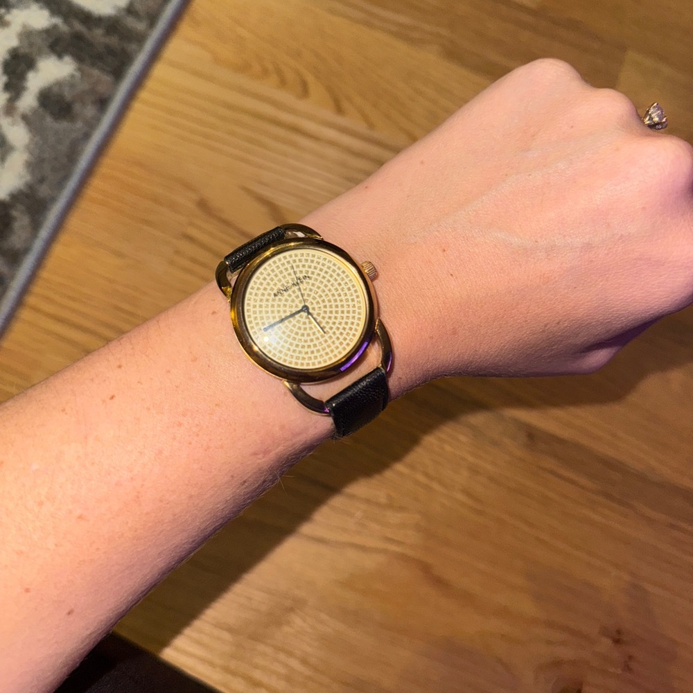 Anne Klein Gold and Black Leather Watch